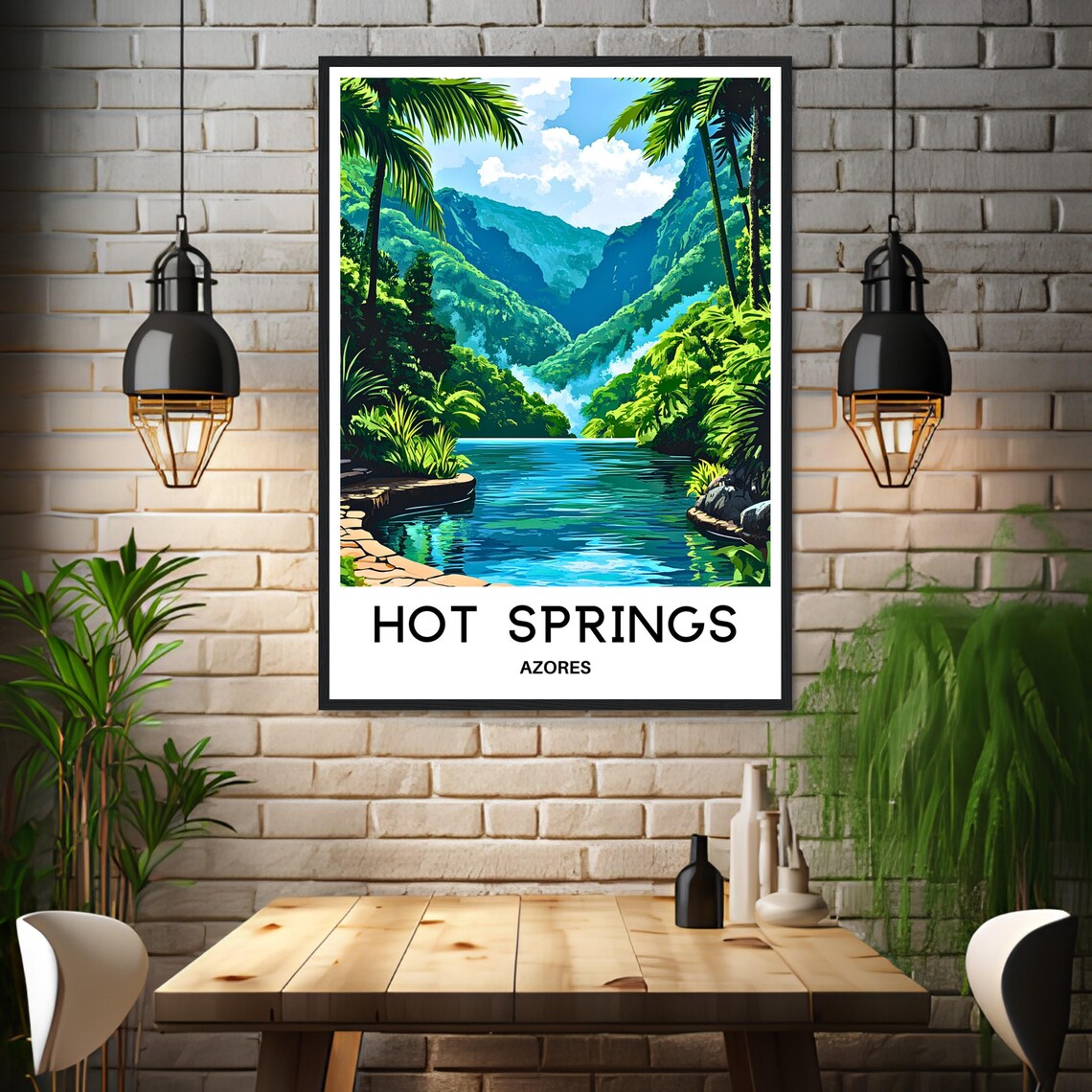 Hot Springs Azores Lush Green Valley Waterfall Lake Travel Poster - Image 3