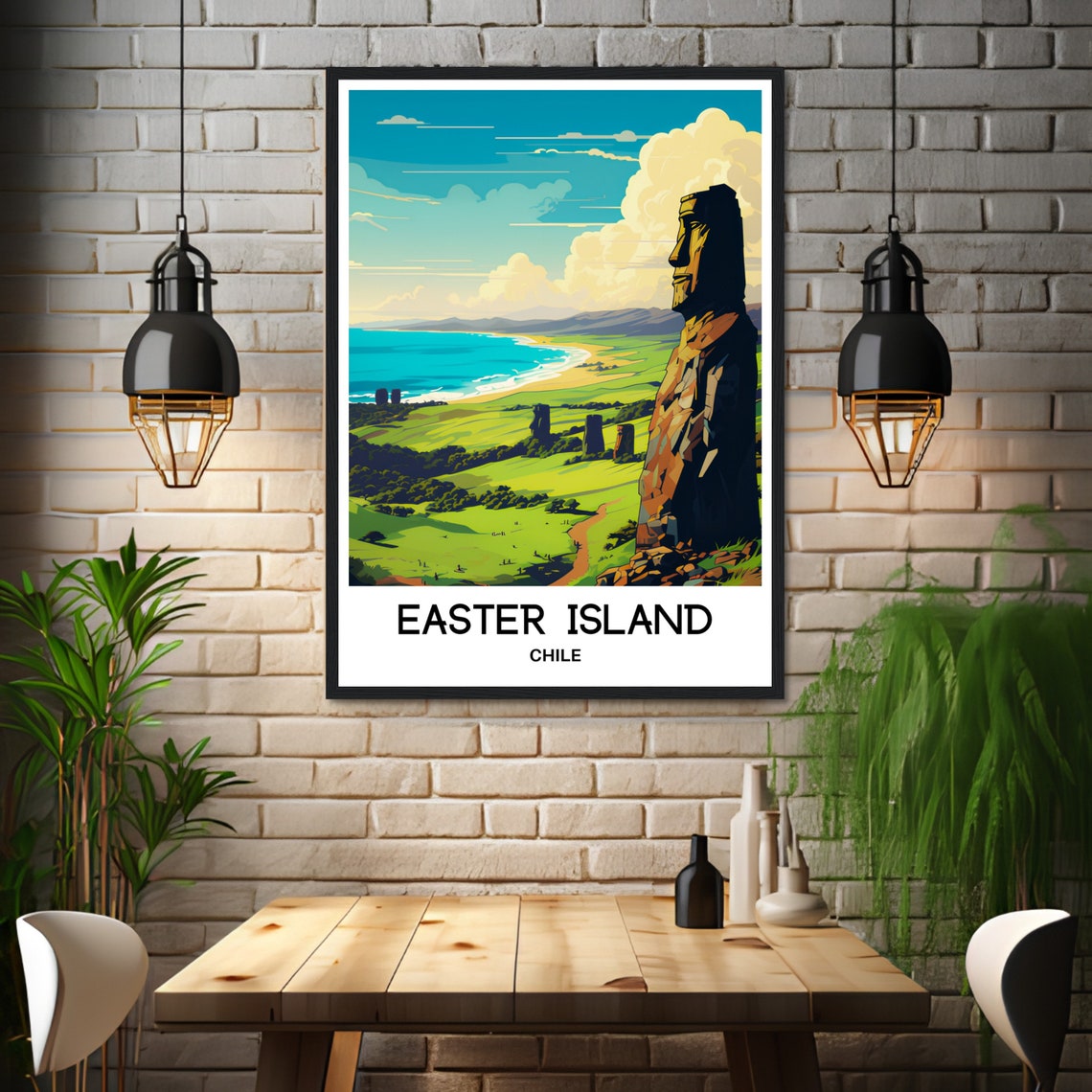 Easter Island Chile Moai Statue Green Coast Overlook Travel Poster - Image 3