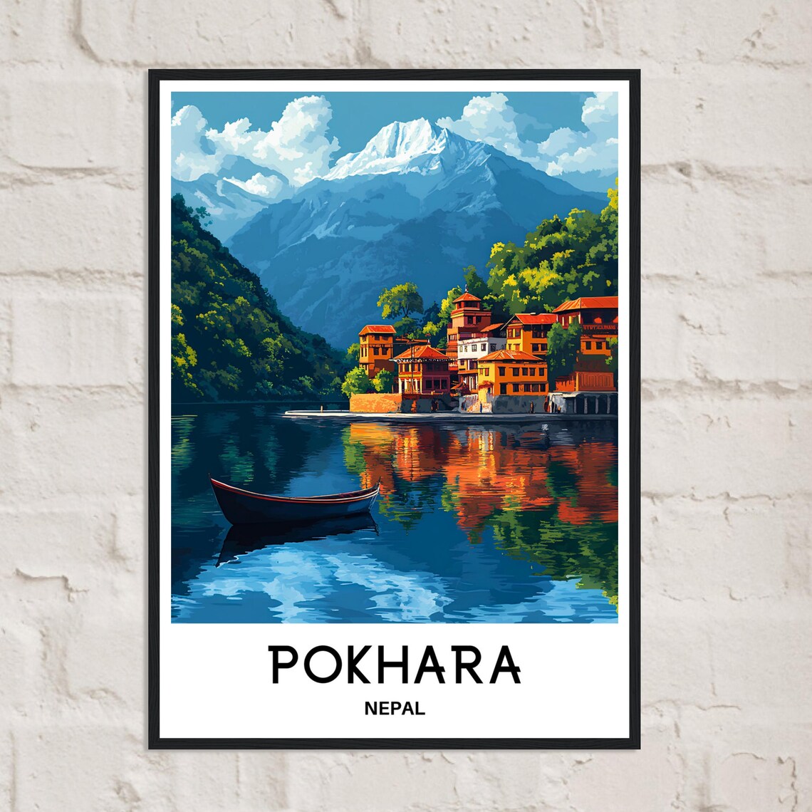 Pokhara Nepal Lakeside Town Wooden Boat Mountain Travel Poster - Image 2