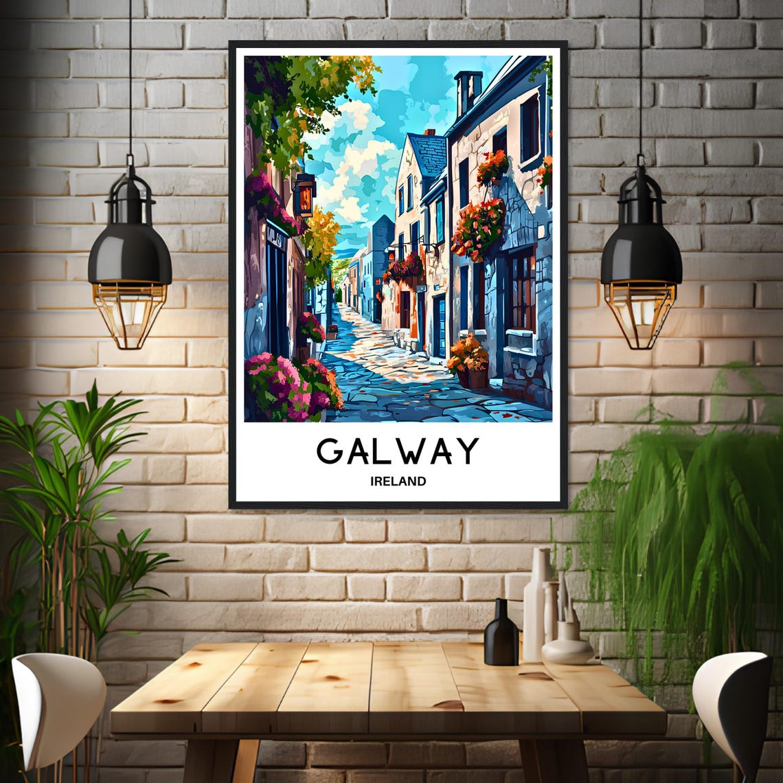 Galway Ireland Cobblestone Lane Illustrated Vintage Travel Poster - Image 3