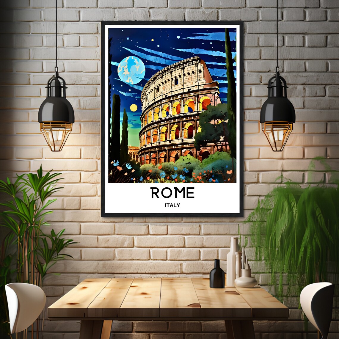 Rome Colosseum At Night Under The Moon Italy Travel Art Poster - Image 3