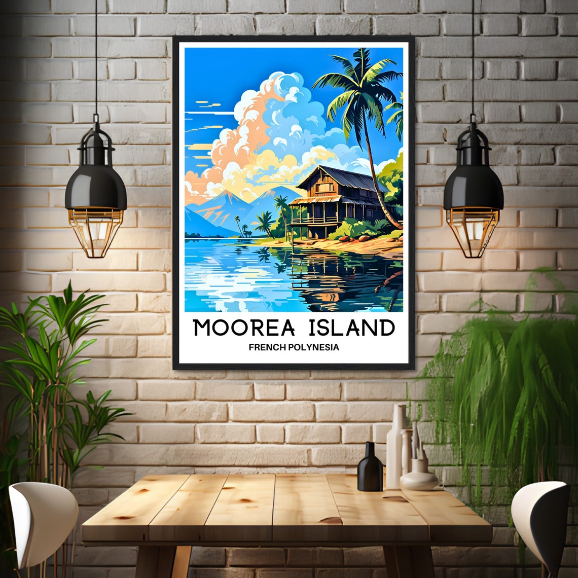 Moorea Island French Polynesia Lagoon Beach Hut Travel Poster - Image 3
