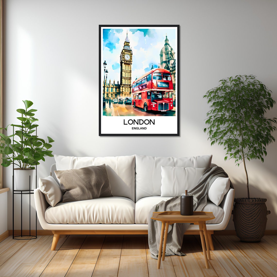 London England Watercolor of Big Ben and Red Double-Decker Poster - Image 2
