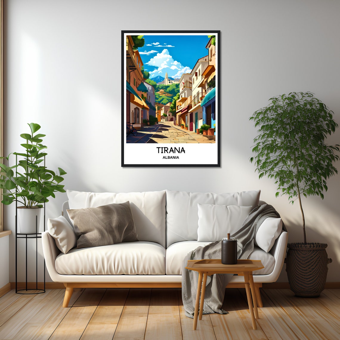 Tirana Albania Sunlit Old Cobblestone Street City Travel Poster - Image 2
