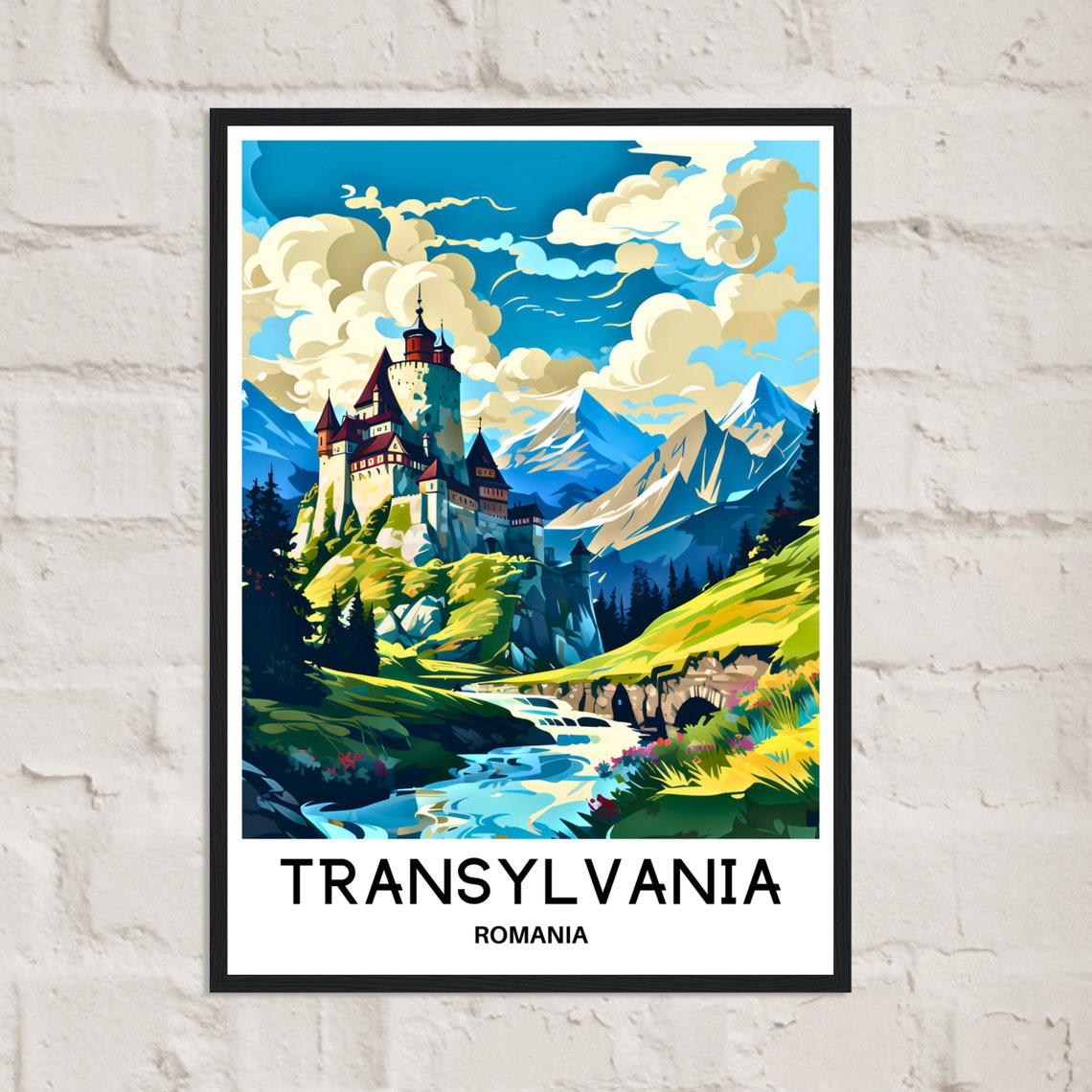 Transylvania Castle Mountain River Valley Romania Travel Poster - Image 2