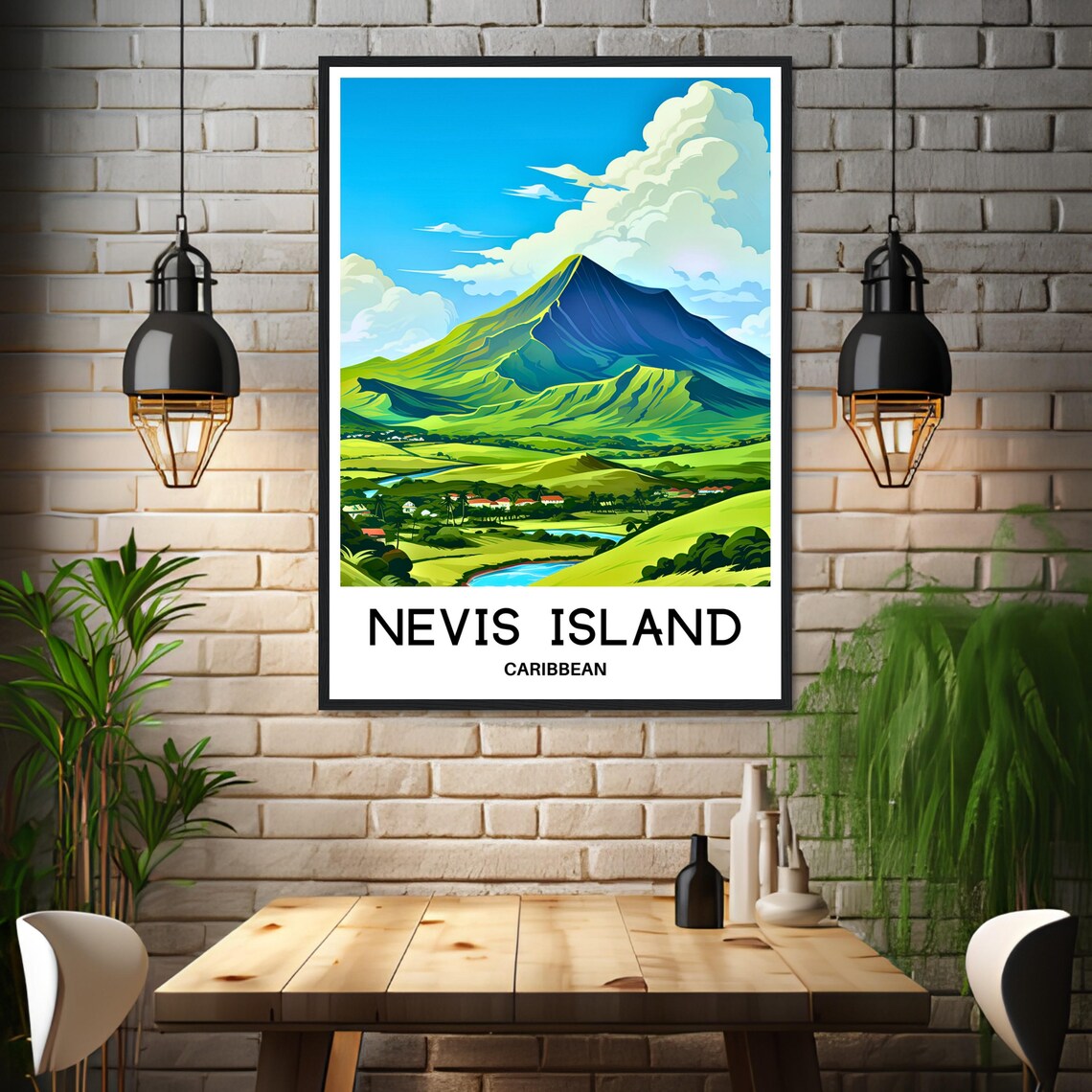 Nevis Island Caribbean Mountain Peak Lush Green Vintage Travel Art Poster - Image 3