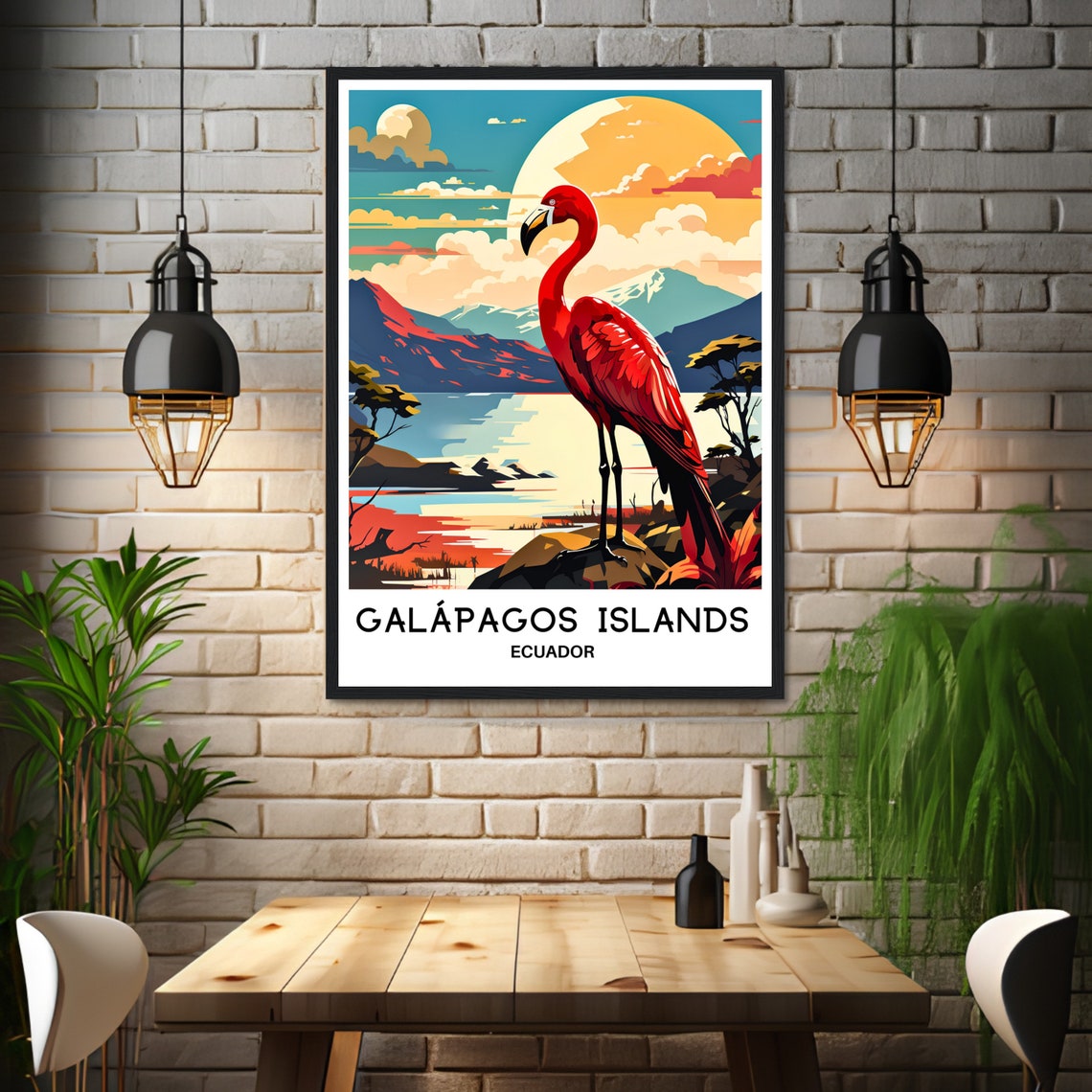 Galapagos Islands Ecuador Flamingo Sunset Lagoon Travel Poster - Image 3