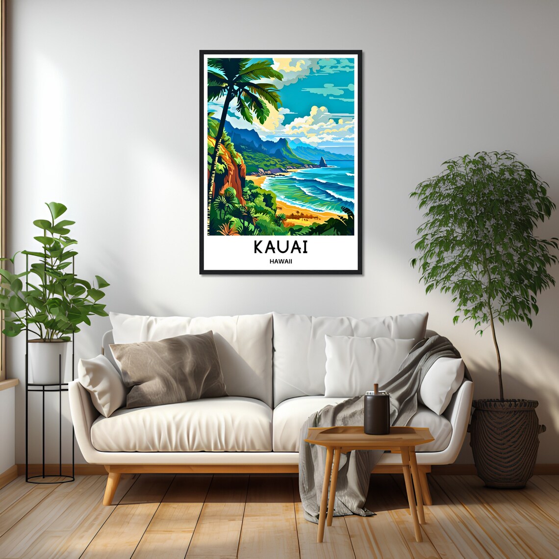 Kauai Hawaii Tropical Beach With Palms Illustrated Travel Poster - Image 2