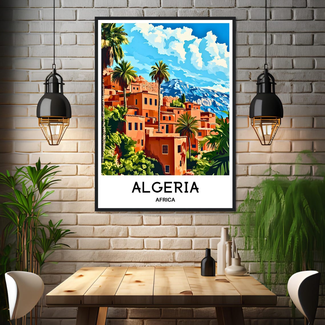 Algeria Africa Orange Village Palm Trees Mountain View Travel Poster - Image 3