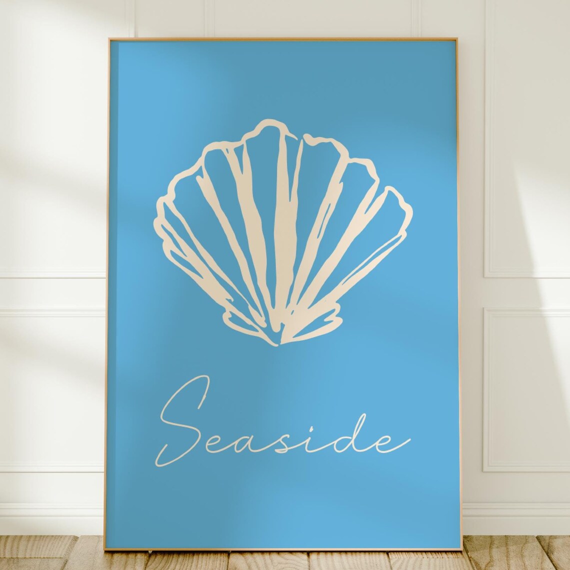 Seaside Scallop Shell Cream Line Art On Bright Blue Coastal Wall Poster