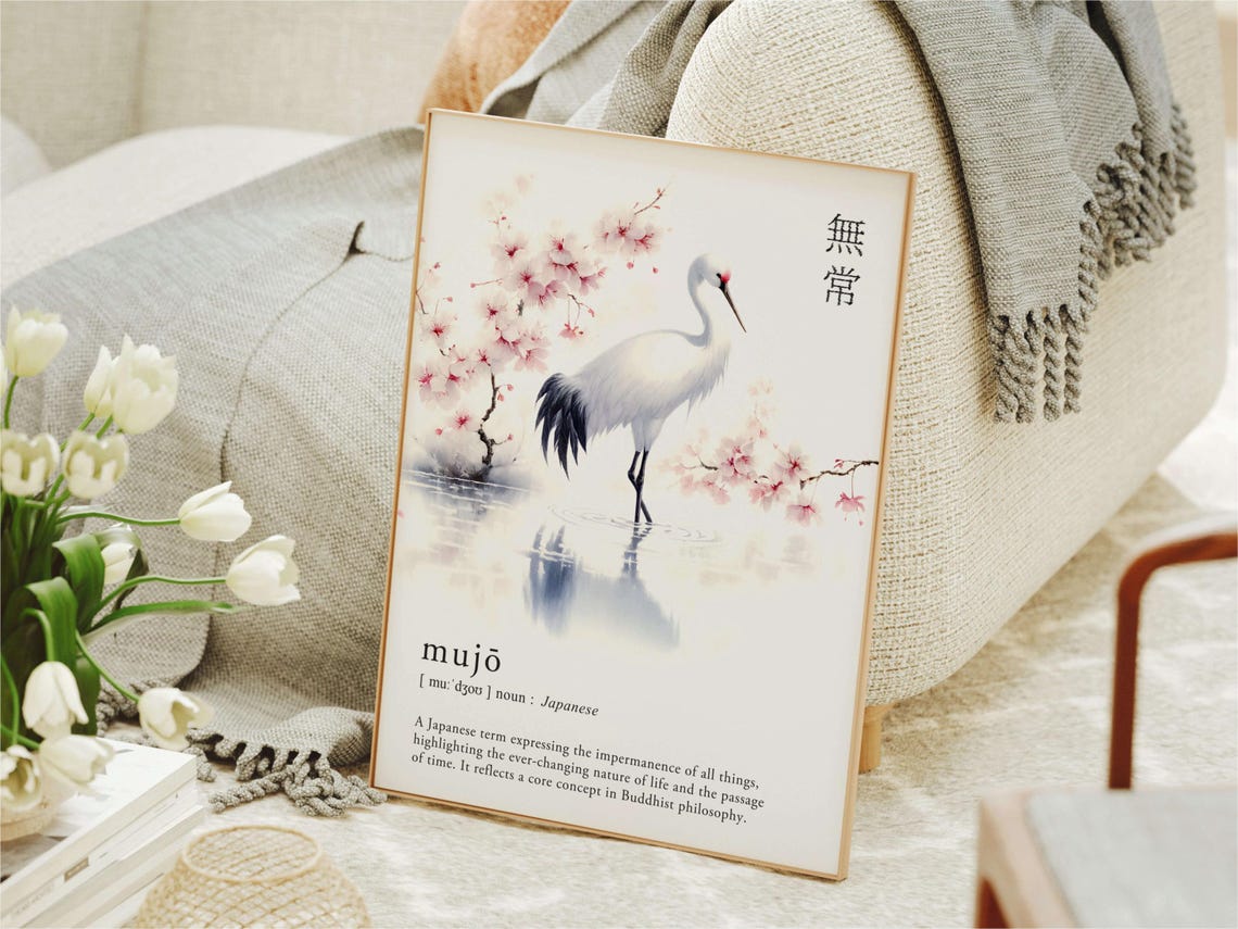Mujo Definition Japanese Impermanence Crane Watercolor Zen Art Poster