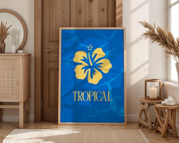 Tropical Yellow Hibiscus Flower Bright Blue Summer Beach Poster