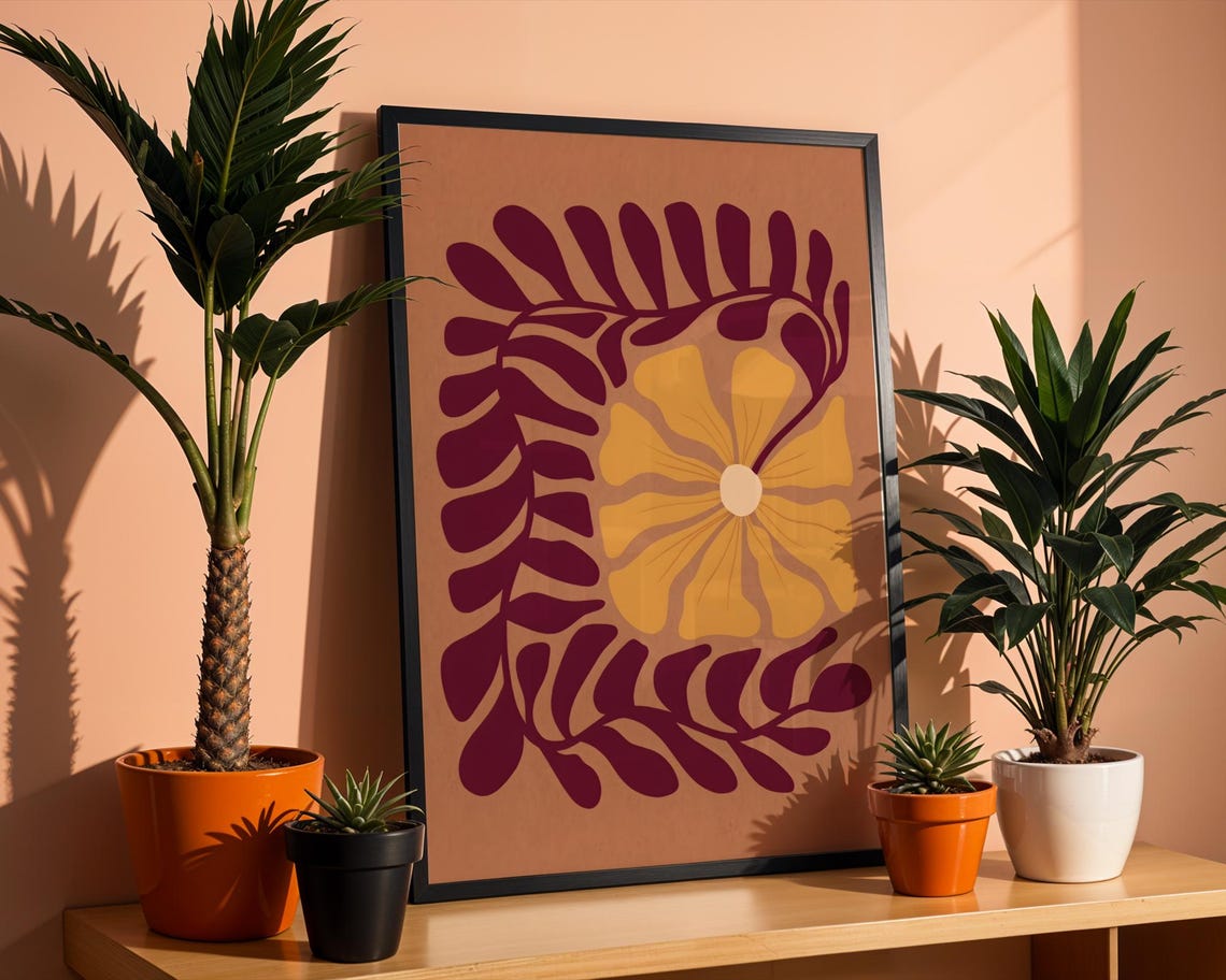 Warm Boho Terracotta Botanical Abstract Floral Burgundy Poster