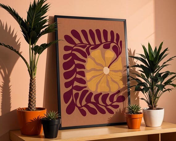 Warm Boho Terracotta Botanical Abstract Floral Burgundy Poster