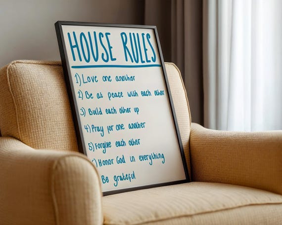 House Rules Typography Art Print Retro Blue Minimalist Sign Poster Modern Family Wall Decor Trendy Apartment Gift Idea
