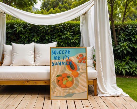 Squeeze Me Its Summer Art Print Retro Fruit Picnic Graphic Poster Cute Kitchen Bowl Wall Decor Vibrant Beach House Gift Idea