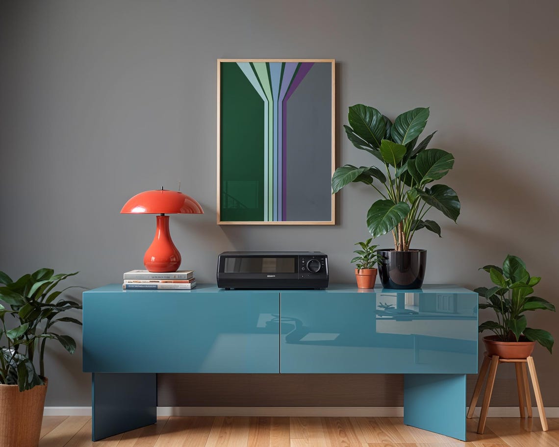 Seventies Retro Funnel Stripes Geometric Mid Century Green Art Poster
