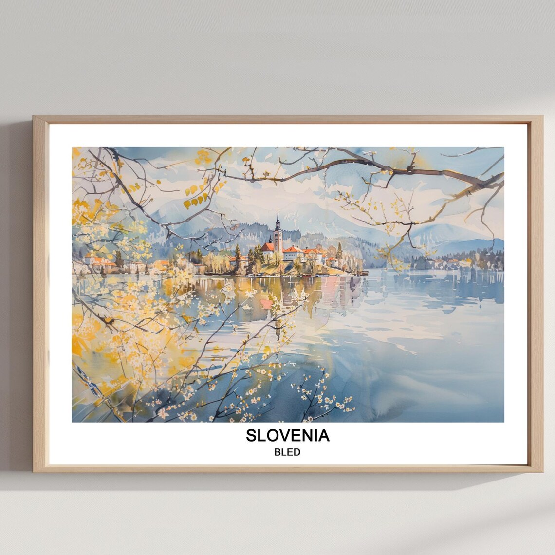 Lake Bled Slovenia Watercolor Island Church Spring Blossom Poster