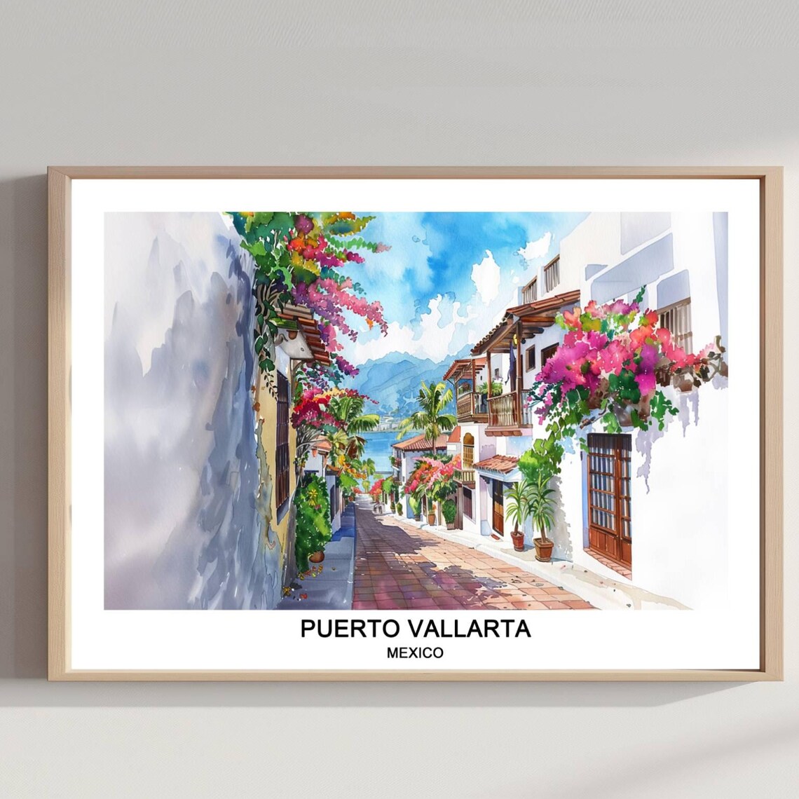 Puerto Vallarta Mexico Watercolor Bougainvillea Street Travel Poster