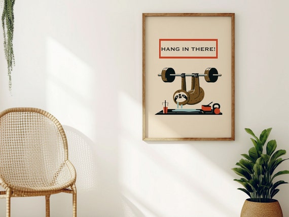 Sloth In The Gym Wall Art Print For Quirky Style I Unframed Poster And Framed Options I Oak I Sweating Sloth Working Out Motivational Gift