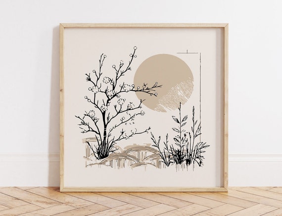 Framed Japandi Neutral Colored Wall Art For Modern Scandinavian Home Cherry Tree Square Print In Pastel Colors For Minimalist Interior