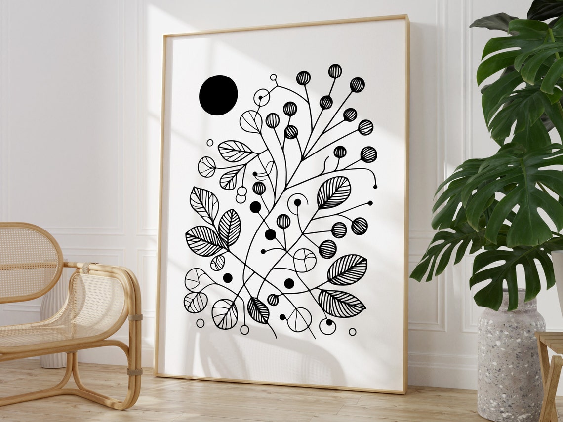 Black Line Art Berries Leaves Botanical Sun Scandinavian Poster - Image 2