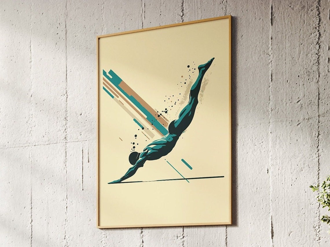 Abstract Swimmer Dive Teal Ink Motion Lines Graphic Swim Wall Art - Image 2