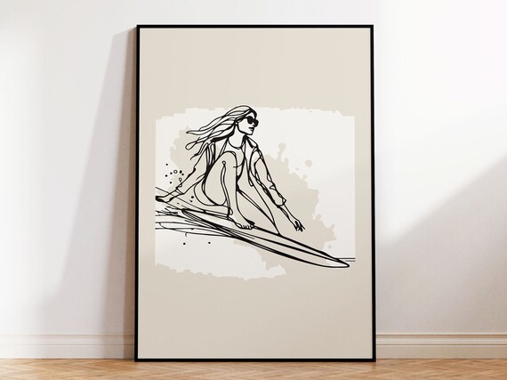 Abstract Surfer Girl Print In White Black And Beige Surfing Woman Wall Art Poster For Minimalist Contemporary Home I Large Frame Included
