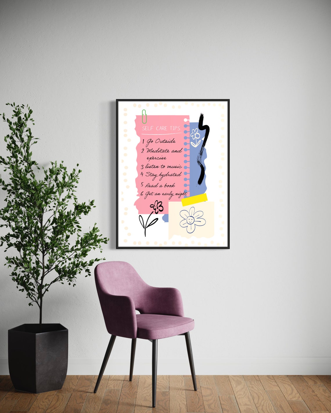 Self Care Tips Checklist Pink Notebook Floral Reminder Art Poster - Image 4