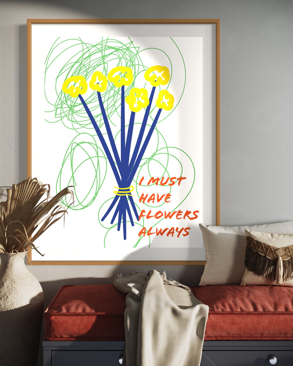 I Must Have Flowers Always Colorful Doodle Bouquet Quote Poster Gift - Image 3