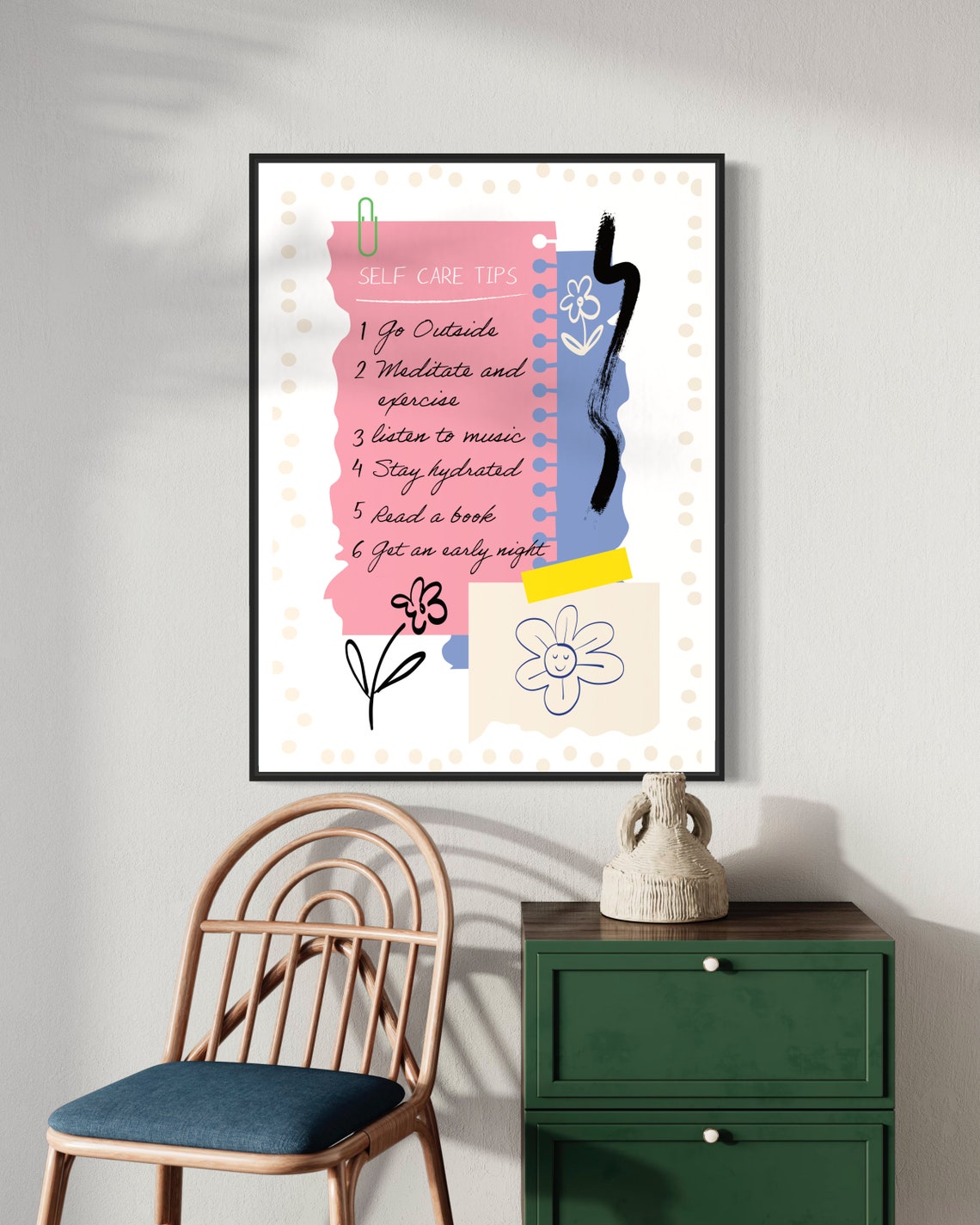 Self Care Tips Checklist Pink Notebook Floral Reminder Art Poster - Image 2