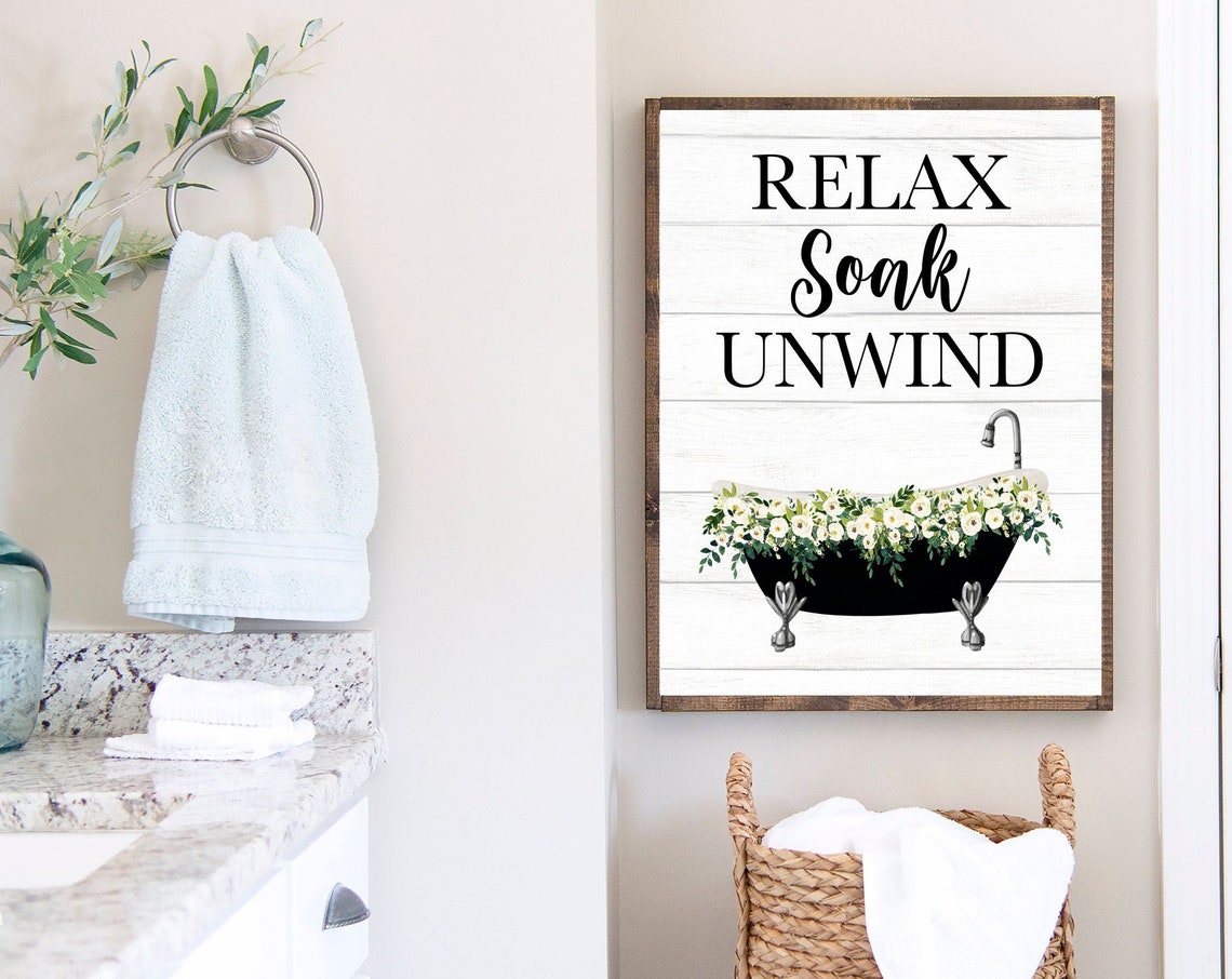 Relax Soak Unwind Black Clawfoot Bathtub White Flowers Bathroom Poster