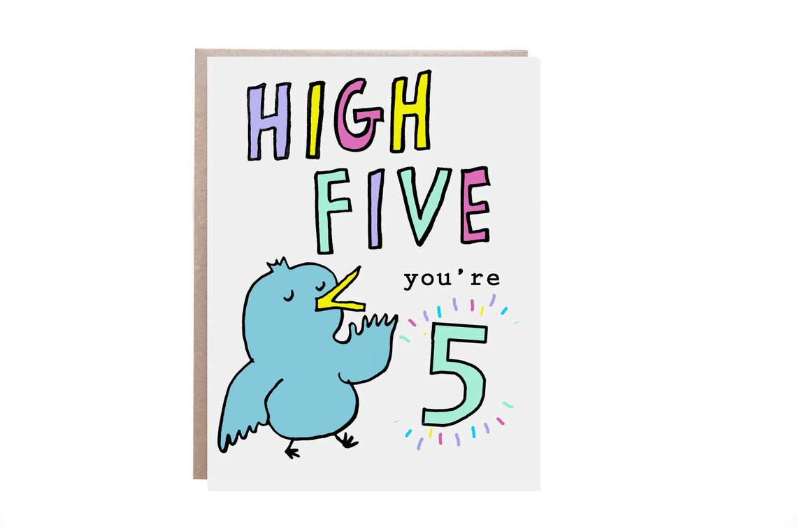 High Five You're Five Blue Bird Fifth Birthday Kids Card Print