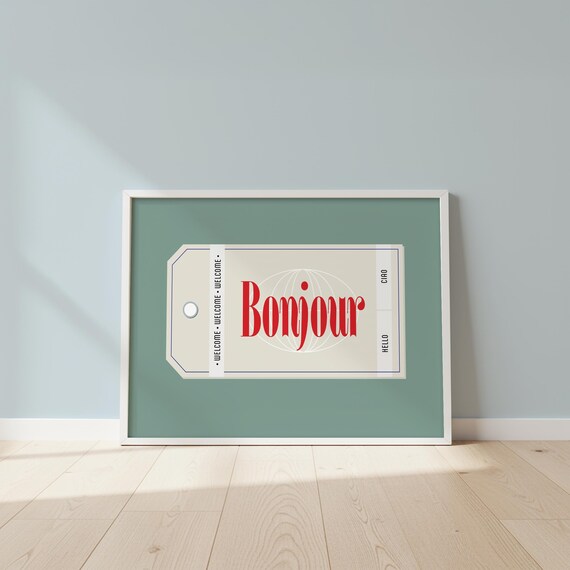Bonjour French Quote Print Retro Luggage Tag Poster