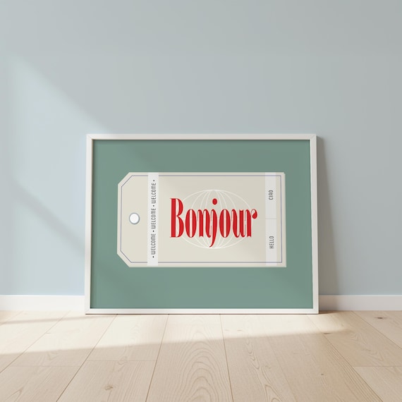 Bonjour Retro Luggage Tag Midcentury Modern French Quote Poster