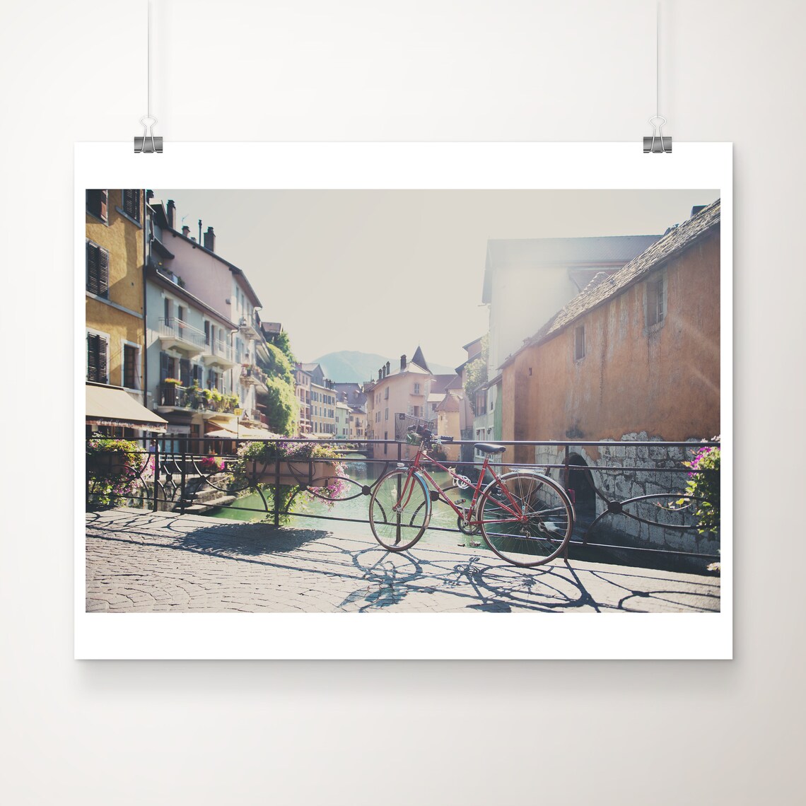 Red Bicycle on Canal Bridge Annecy France Old Town Travel Poster