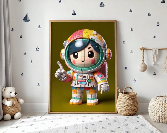 Cute Building Block Astronaut Toy Character Space Kids Room Poster