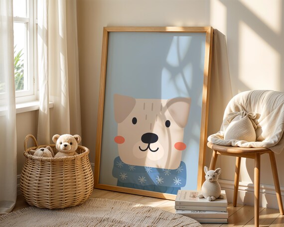 Sweet Cute Cartoon Puppy Face In Blue Floral Shirt Nursery Poster
