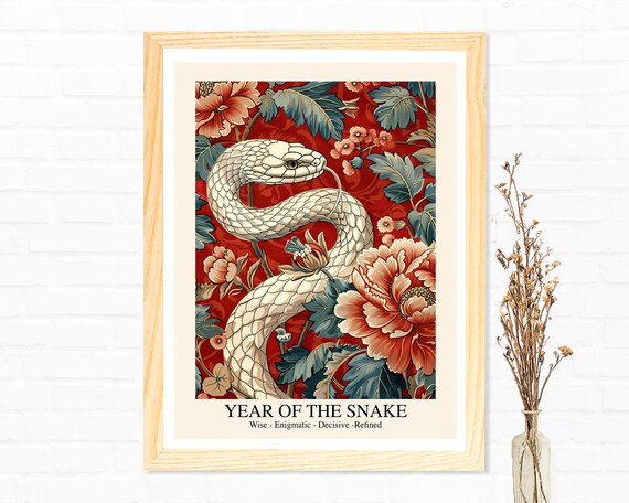 2025 Year of the Snake White Snake Red Floral Chinese New Year Poster