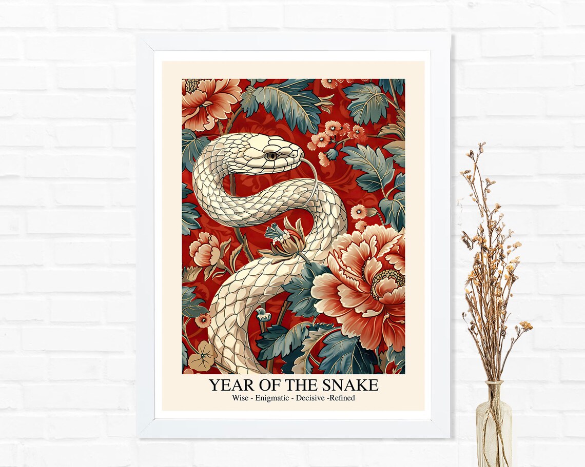 2025 Year of the Snake White Snake Red Floral Chinese New Year Poster - Image 2