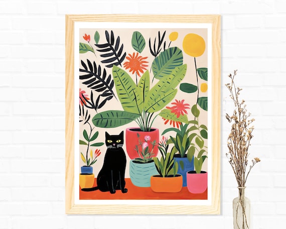 Matisse Style Black Cat Among Colorful Potted Plants Art Poster