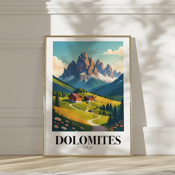 Dolomites Italy Alpine Meadow Chalets Rocky Peaks Travel Poster