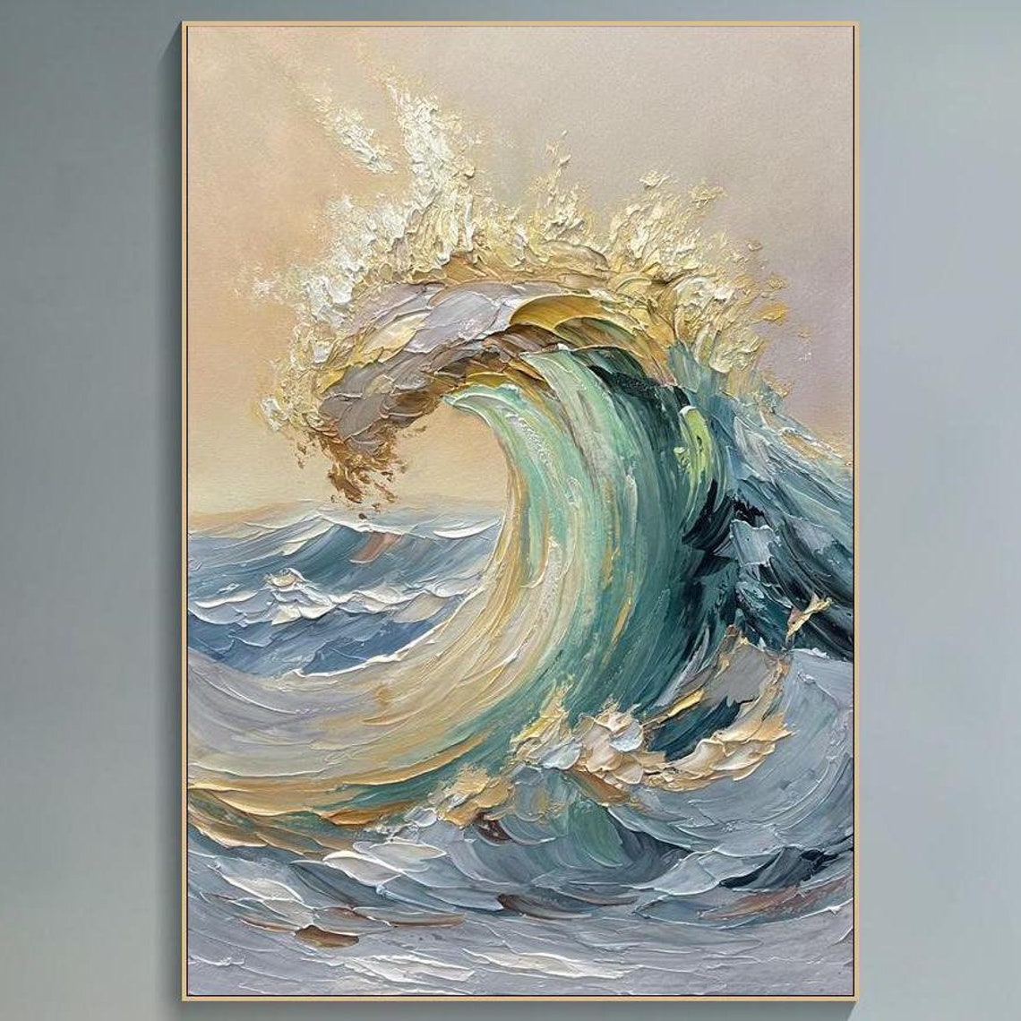 Ocean Wave Curl Blue Sea Gold Spray Textured Impasto Art Poster