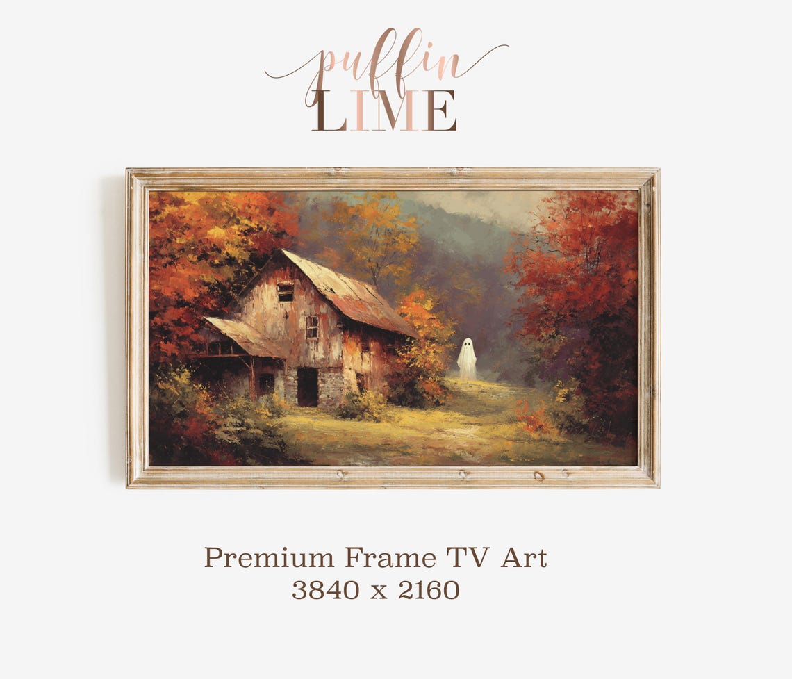 Ghost by the Autumn Barn Spooky Halloween Fall Landscape Poster