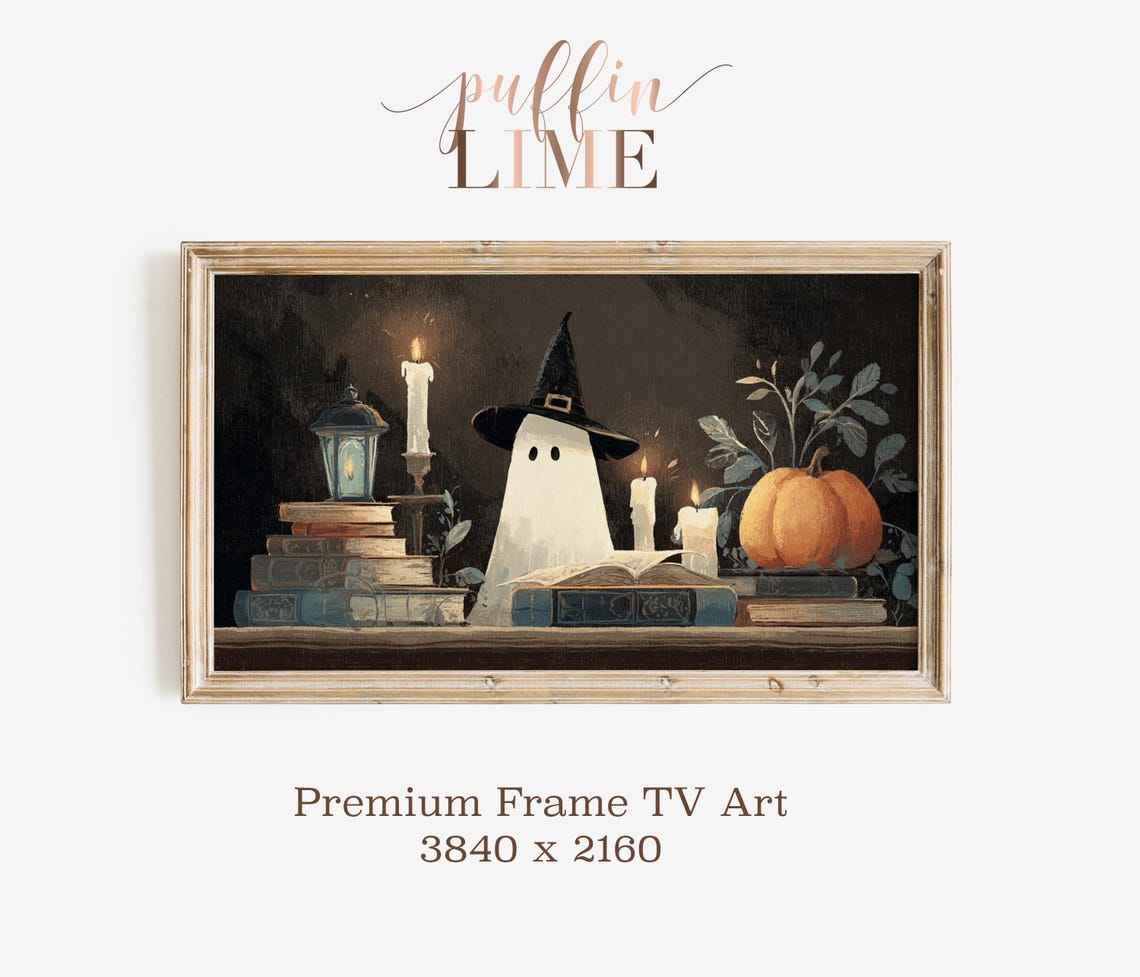 Ghost Reading Candlelit Library Pumpkin Halloween Cozy Night Poster