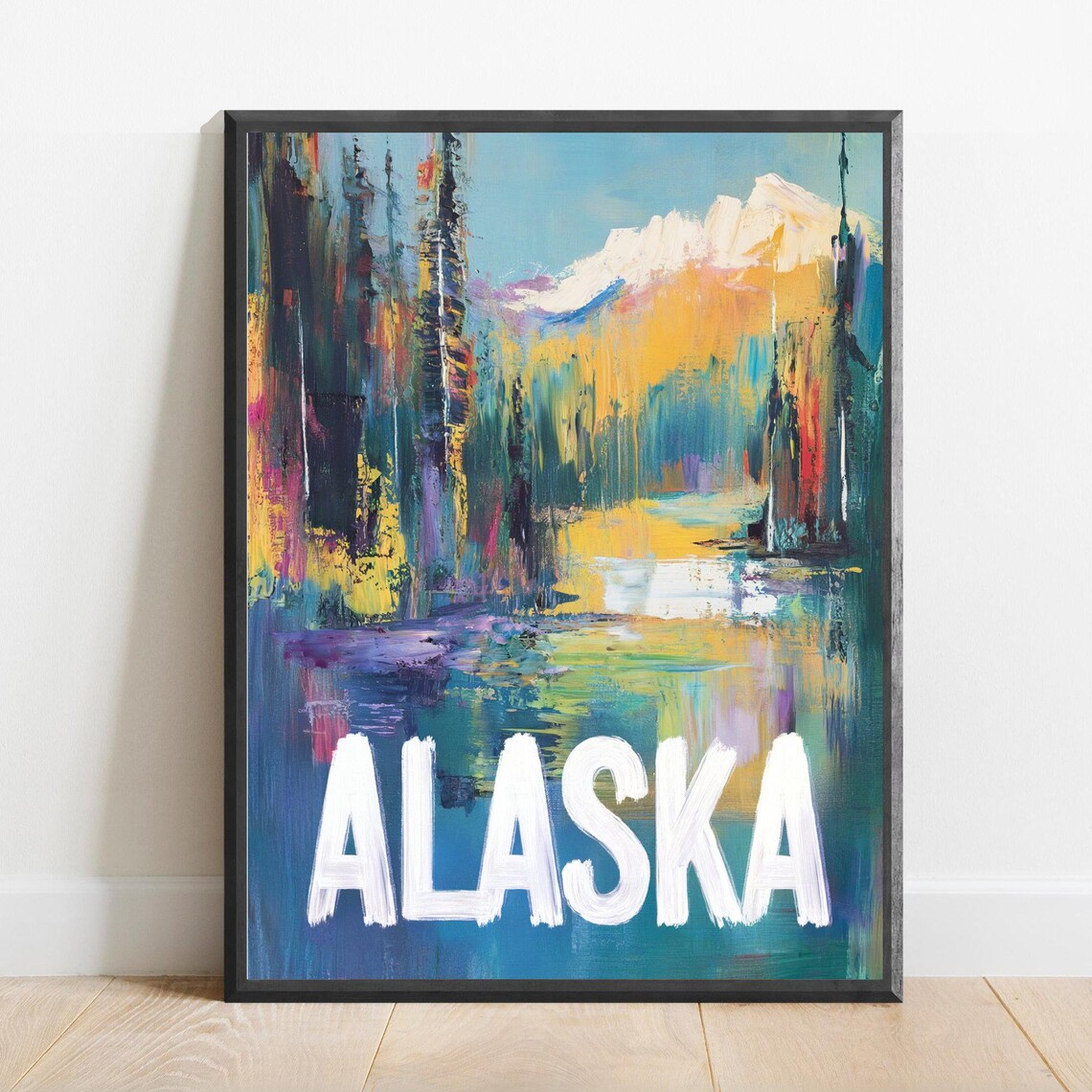 Alaska Abstract Forest River and Mountain Impressionist Travel Poster