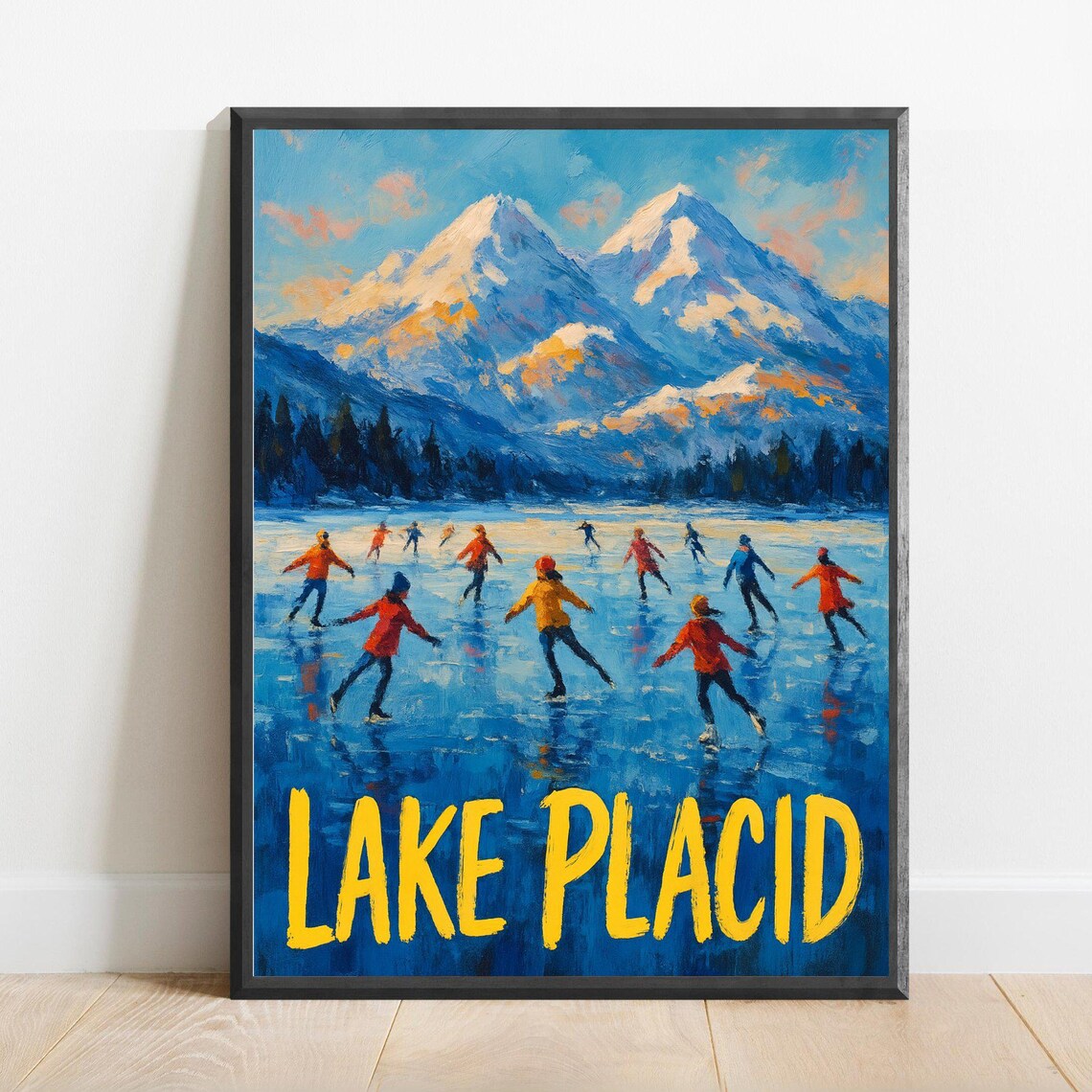 Lake Placid Ice Skaters Frozen Lake Winter Scene Travel Poster