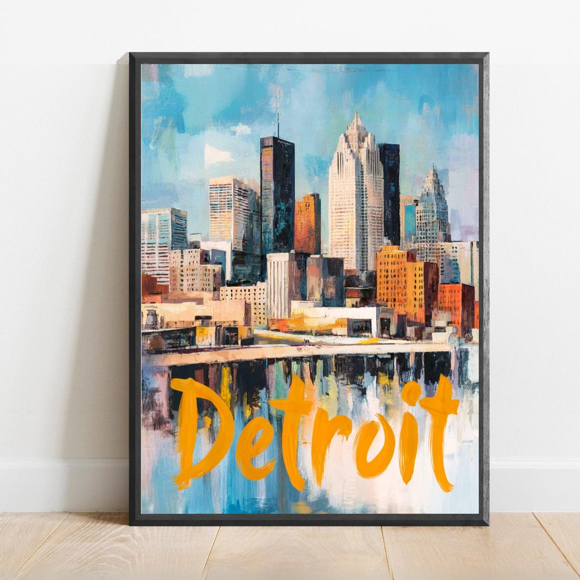 Detroit Michigan Skyline with Orange Script Lettering Travel Poster