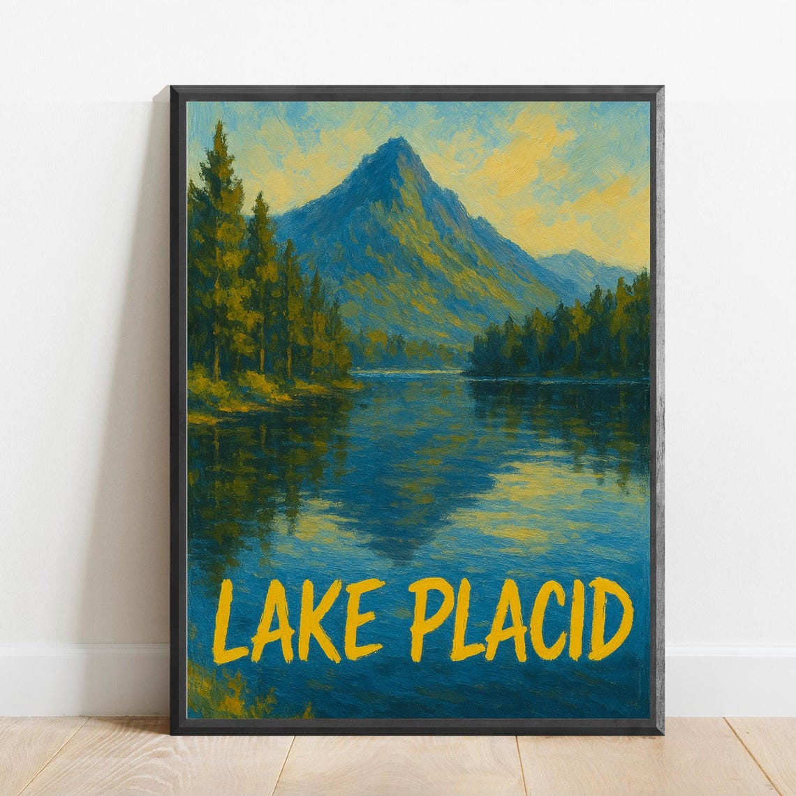 Lake Placid Mountain Lake Mirror Reflection Vintage Travel Poster