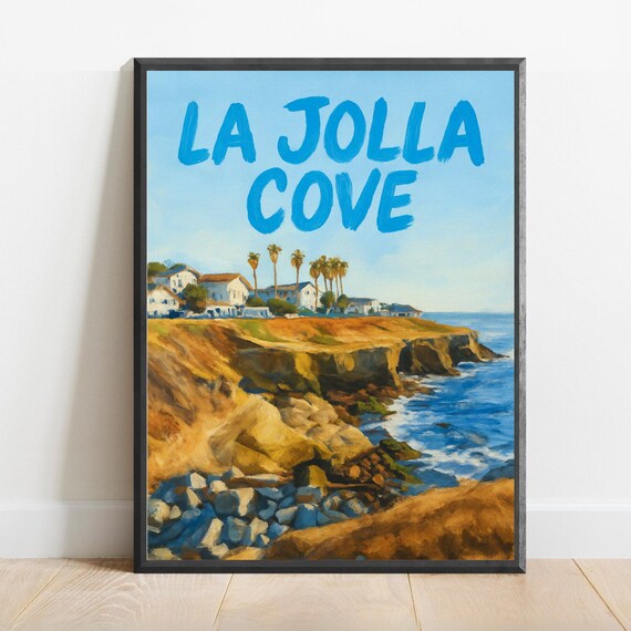 La Jolla Cove Cliffs Palm Trees Ocean Vintage Style Travel Poster